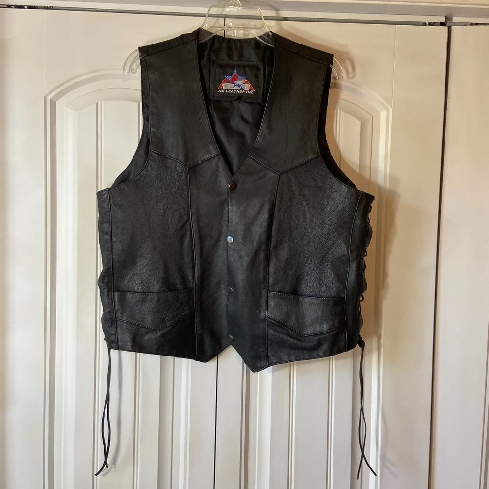 Jim Leather Inc Black Leather Vest Sz XL